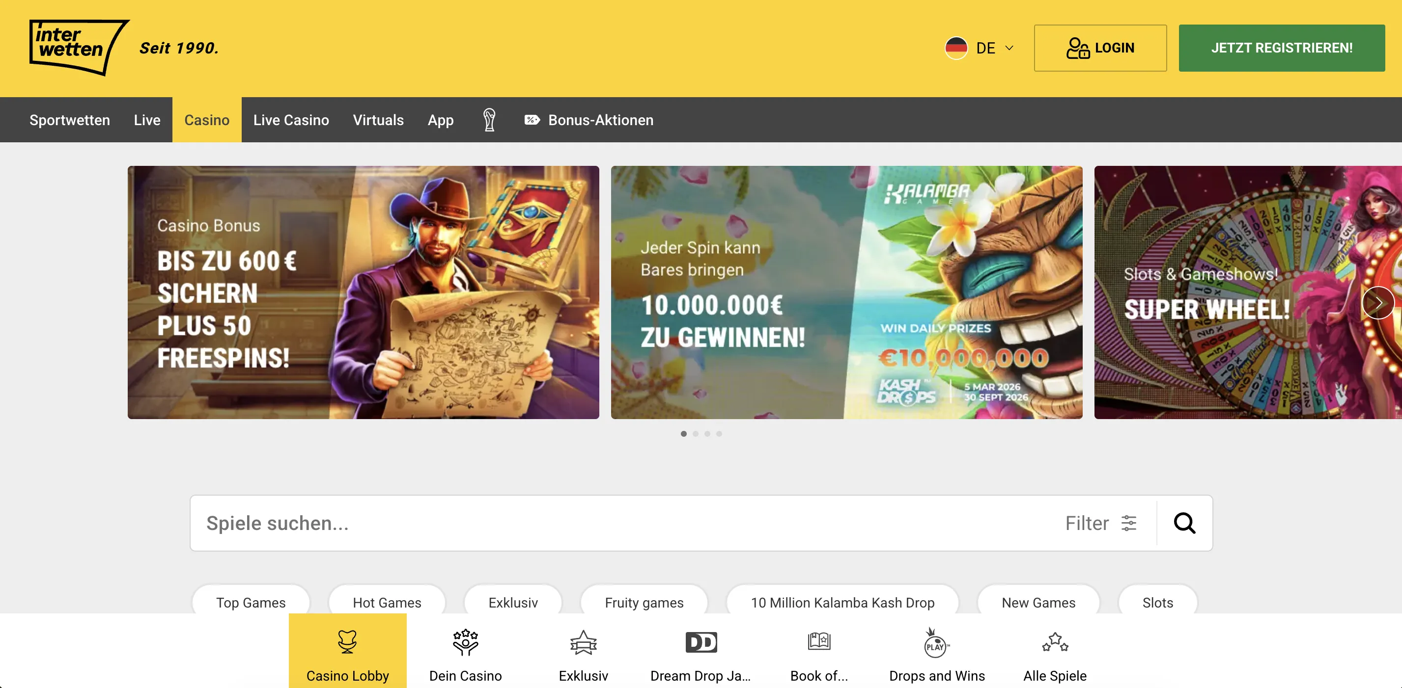 Die Interwetten-Casino-Lobby mit verschiedenen Spielen
