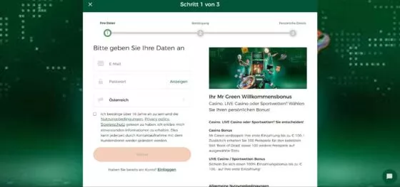 Mr Green Casino-Registrierung