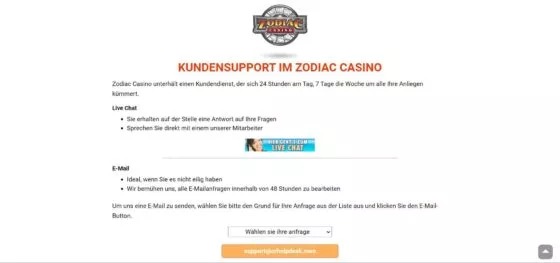 Contacten Zodiac Casino