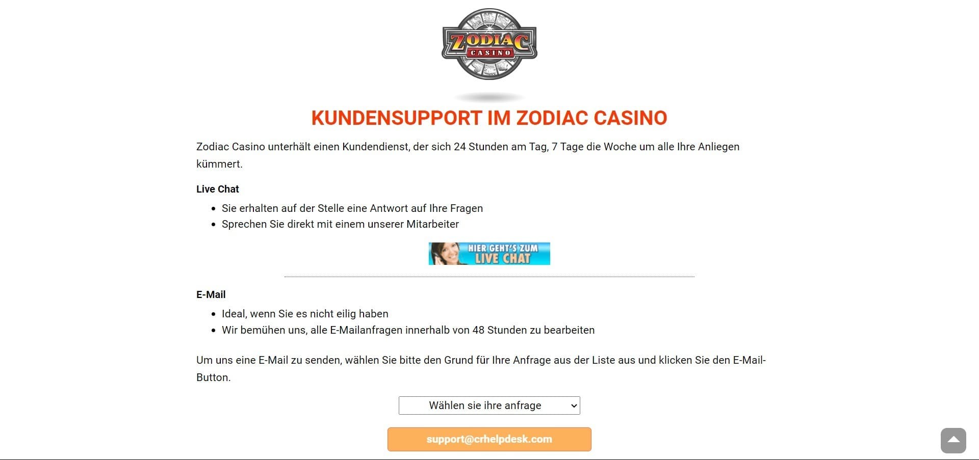 Contacten Zodiac Casino