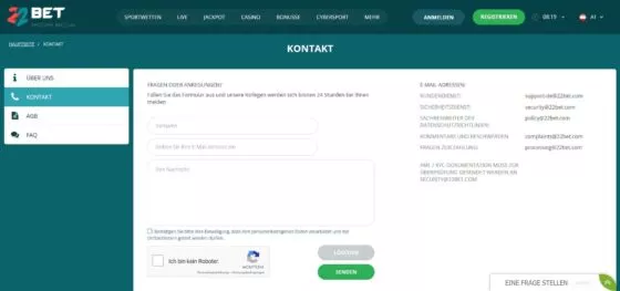 22Bet Casino-Kontakte
