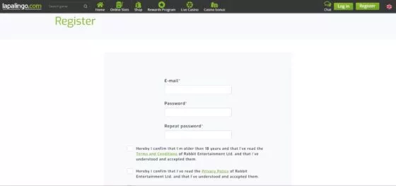 Lapalingo Casino-Registrierung