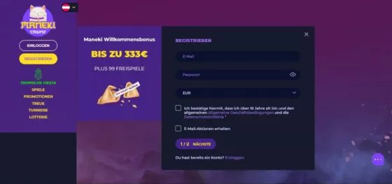 Maneki Casino-Registrierung