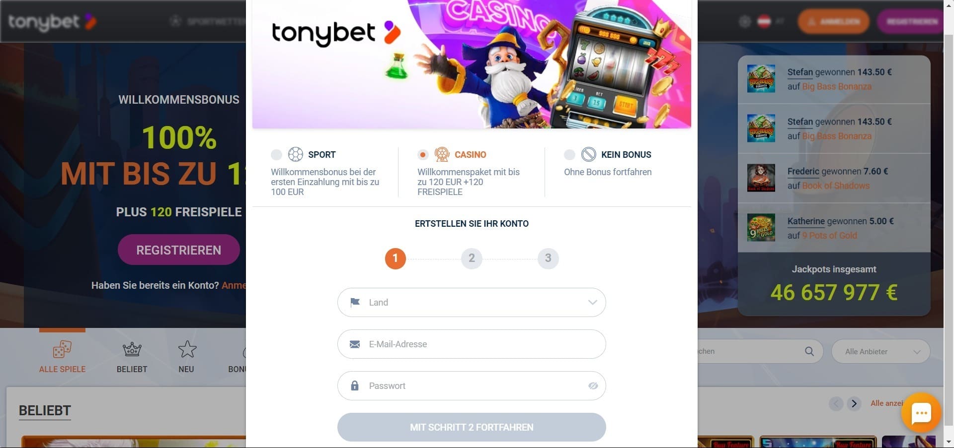 Anmeldung TonyBet Casino