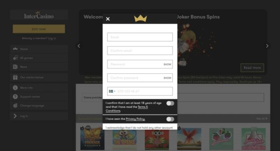 Anmeldung InterCasino