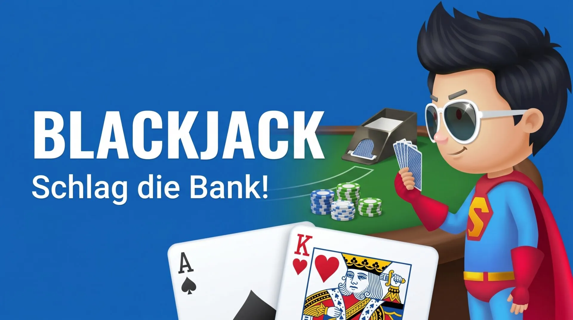 Blackjack spielen üben – Cartoon-Spieler am Tisch mit Ass und König
