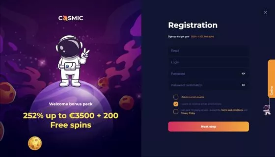 CosmicSlot Casino-Registrierung
