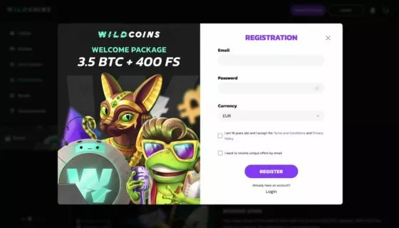 Wildcoins Casino-Registrierung
