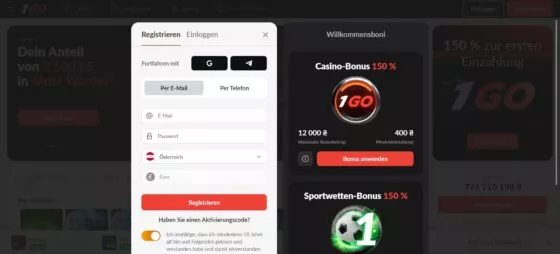 1Go Casino-Registrierung