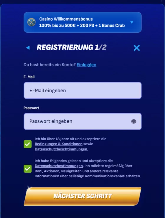 Wonaco Casino-Registrierung