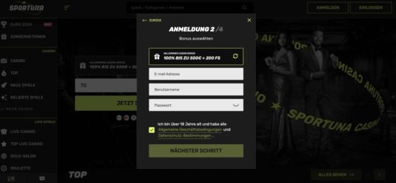 Registrierung bei Sportuna Casino