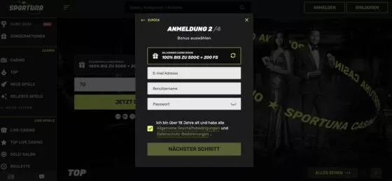 Sportuna Casino-Registrierung