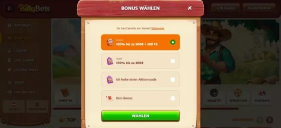 Billybets Casino-Registrierung