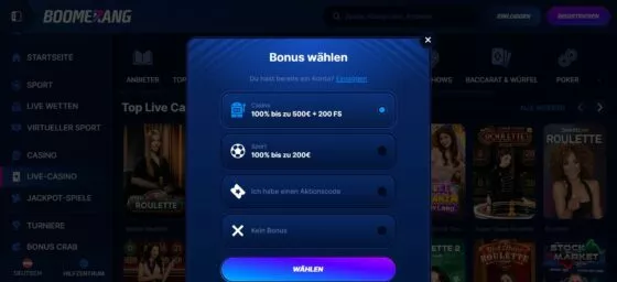 Boomerang Casino-Registrierung