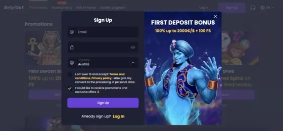 BetyBet Casino-Registrierung