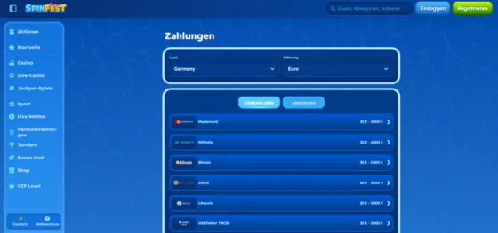 SpinFest Casino-Zahlungsmethoden