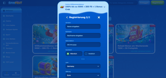 Screenshot der SpinFest-Anmeldeseite