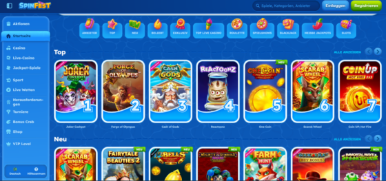 Screenshot der SpinFest-Hauptseite