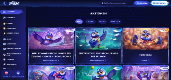 Screenshot der SpiNight Casino Promotions-Seite