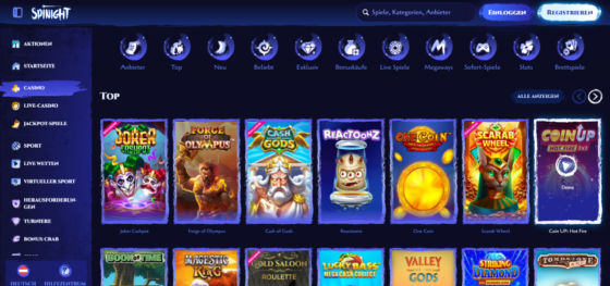 Bildschirmfoto der SpiNight Casino Casino Seite