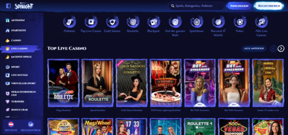 Bildschirmfoto der SpiNight Casino Live-Casino-Seite