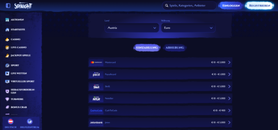 Screenshot der SpiNight Casino Zahlungsseite