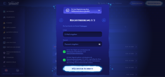 Screenshot der SpiNight Casino Registrierungsseite