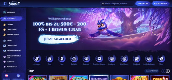Screenshot der Hauptseite von SpiNight Casino