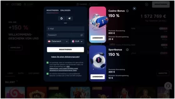 Gizbo Casino-Registrierung