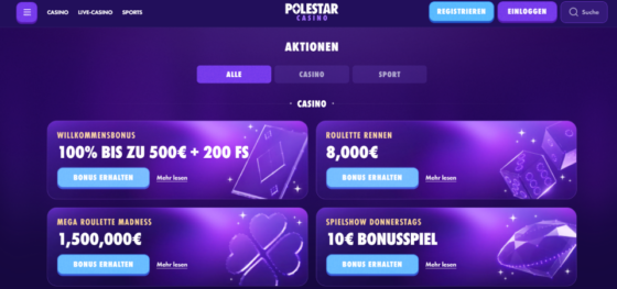 Screenshot der Promotionsseite von Polestar Casino