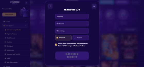 Screenshot of registration page of Polestar Casino