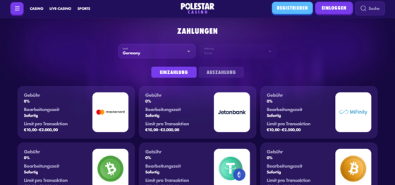 Screenshot der Einzahlungsseite von Polestar Casino