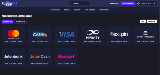 Einzahlungsseite von Foggybet Casino
