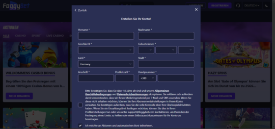 Registrierungsseite von Foggybet Casino
