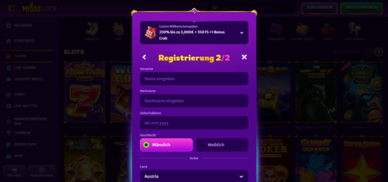 Registrierungsseite von MidasLuck Casino