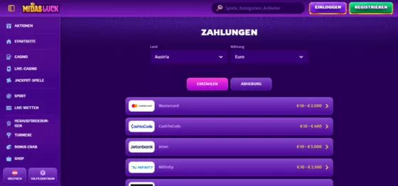 MidasLuck Casino-Zahlungsmethoden