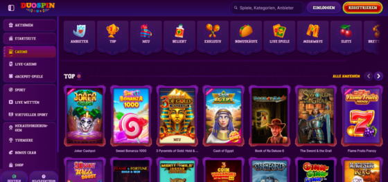Kasino-Seite von DuoSpin Casino