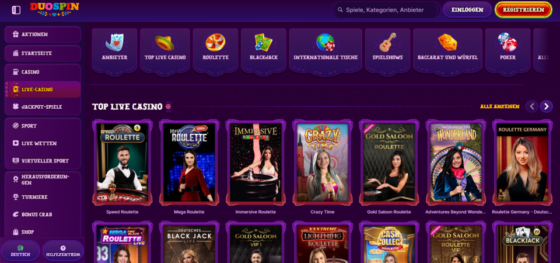 Live Kasino Seite von DuoSpin Casino