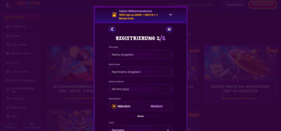 Registrierungsseite von DuoSpin Casino