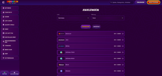 Einzahlungsseite von DuoSpin Casino