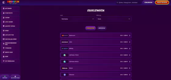 DuoSpin Casino-Zahlungsmethoden