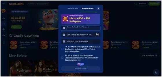 God Of Coins Casino-Registrierung