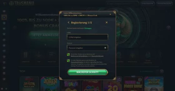 Talismania Casino-Registrierung