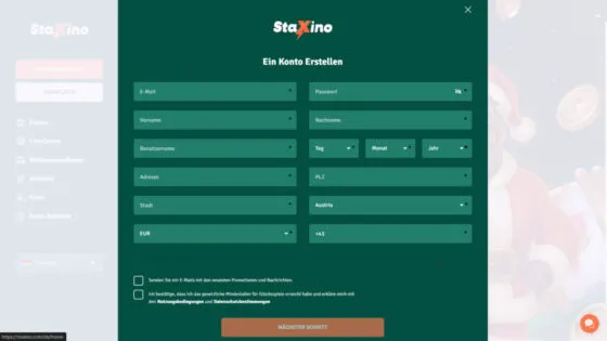 Staxino Casino-Registrierung