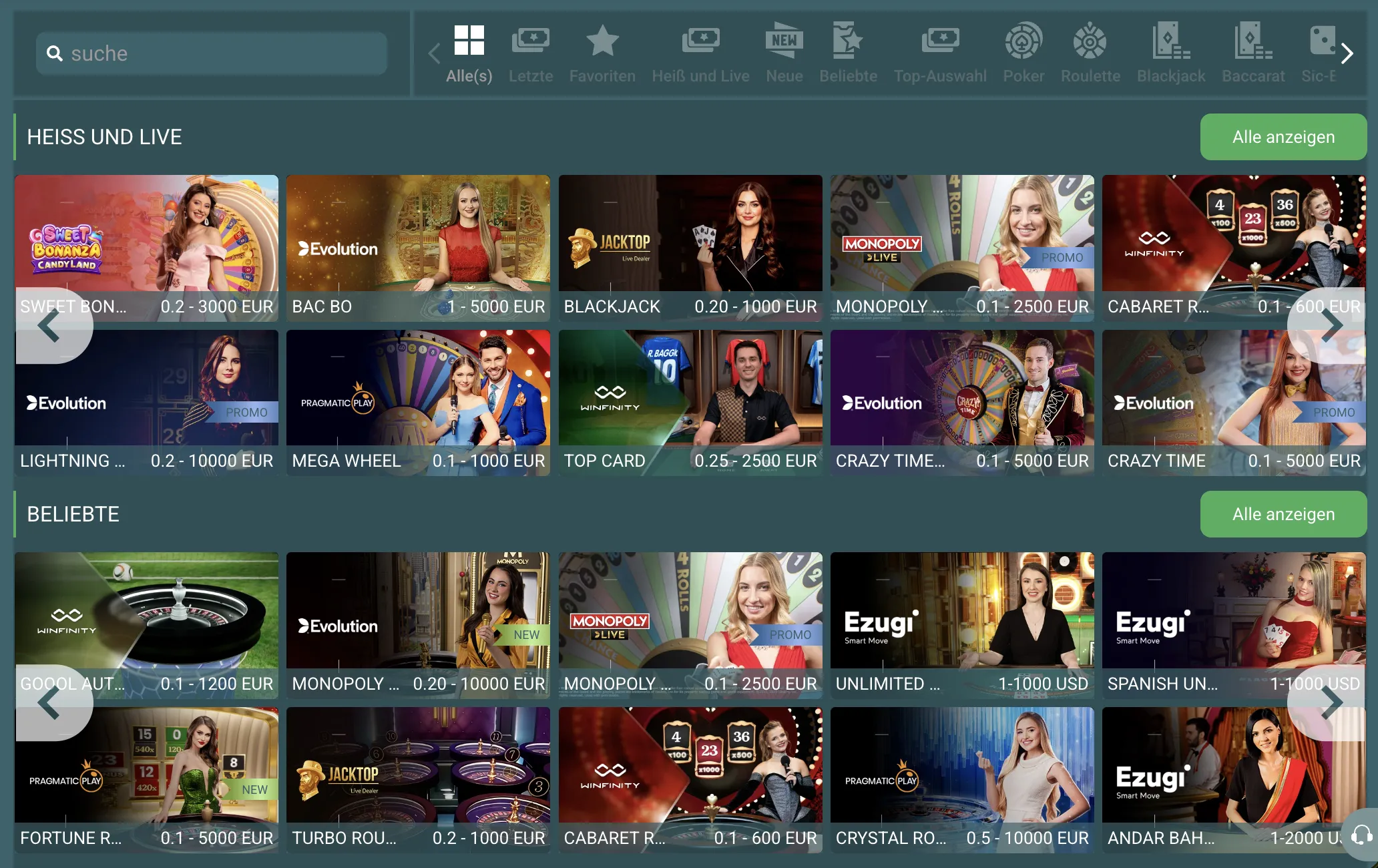 Das Angebot an Live-Casino-Spielen bei 22Casino 