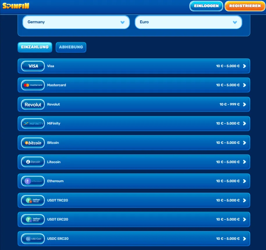 Spinfin Casino-Zahlungsmethoden