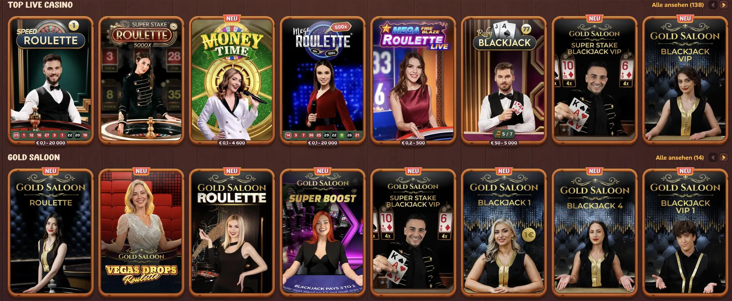 Verschiedene Spiele in der Live-Lobby des Roostino Casinos