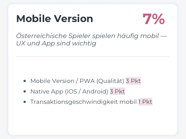 Bewertungskategorie Mobile Version – 7% Gewichtung bei Sloterman: PWA, native App iOS Android, Transaktionsgeschwindigkeit