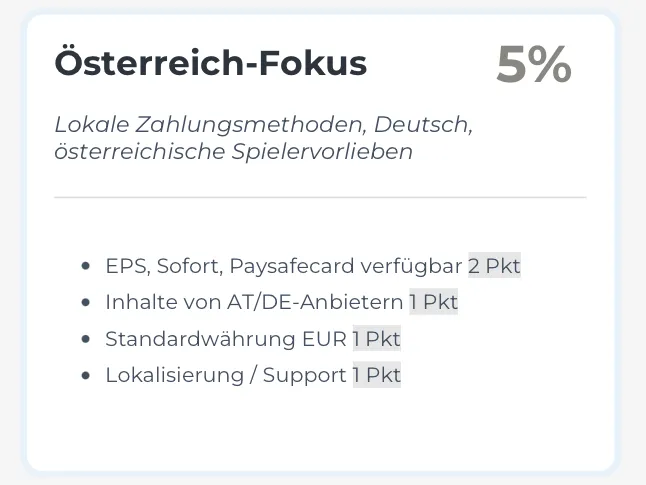 Bewertungskategorie Österreich-Fokus – 5% Gewichtung bei Sloterman: EPS, Paysafecard, EUR, AT-Lokalisierung