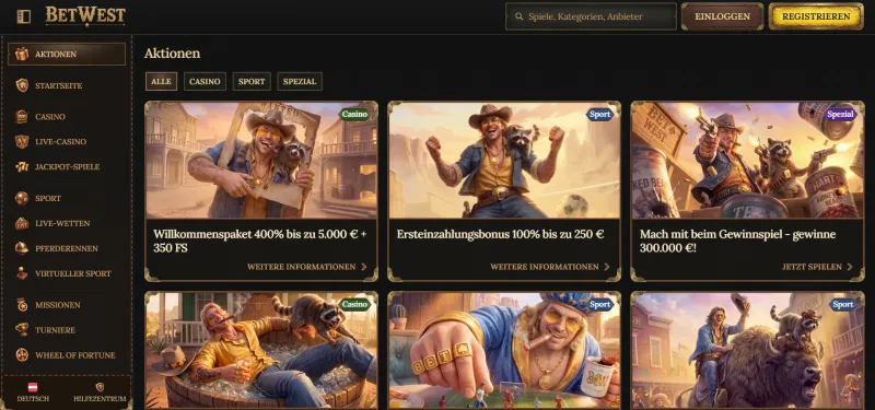 Screenshot der Bonusseite von BetWest Casino